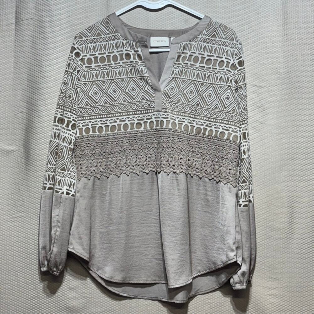 Chico’s Boho Embroidered Eyelet Lace Tunic Blouse Gray Taupe Size 0 (S/4–6)